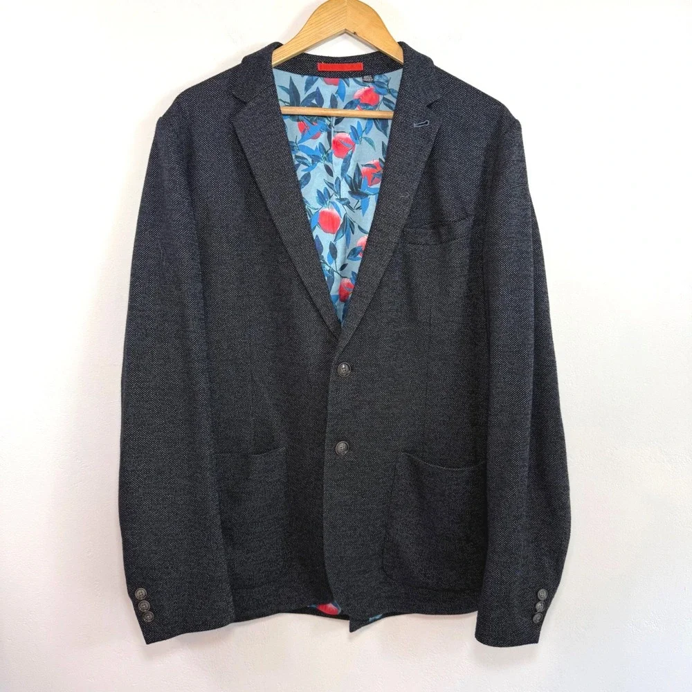 Ted Baker London Blazer Sport Coat Gray Textured Fruit Print Lined Jacket XXL 44